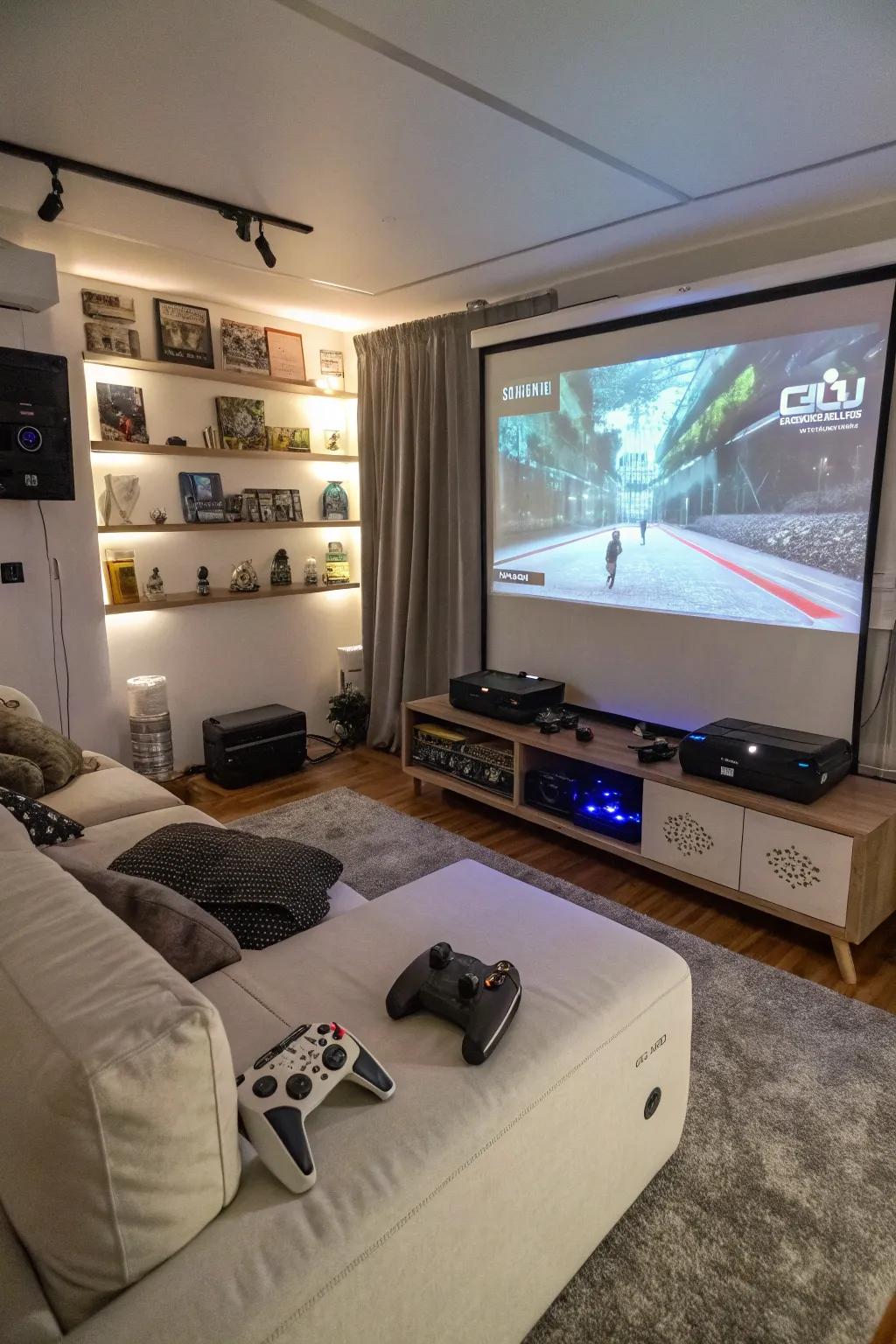 A gaming chamber with a projector setup for a large screen experience.