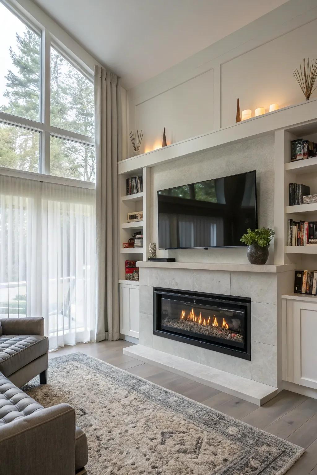 Built-in shelving enhancing the functionality of a modern gas fireplace.
