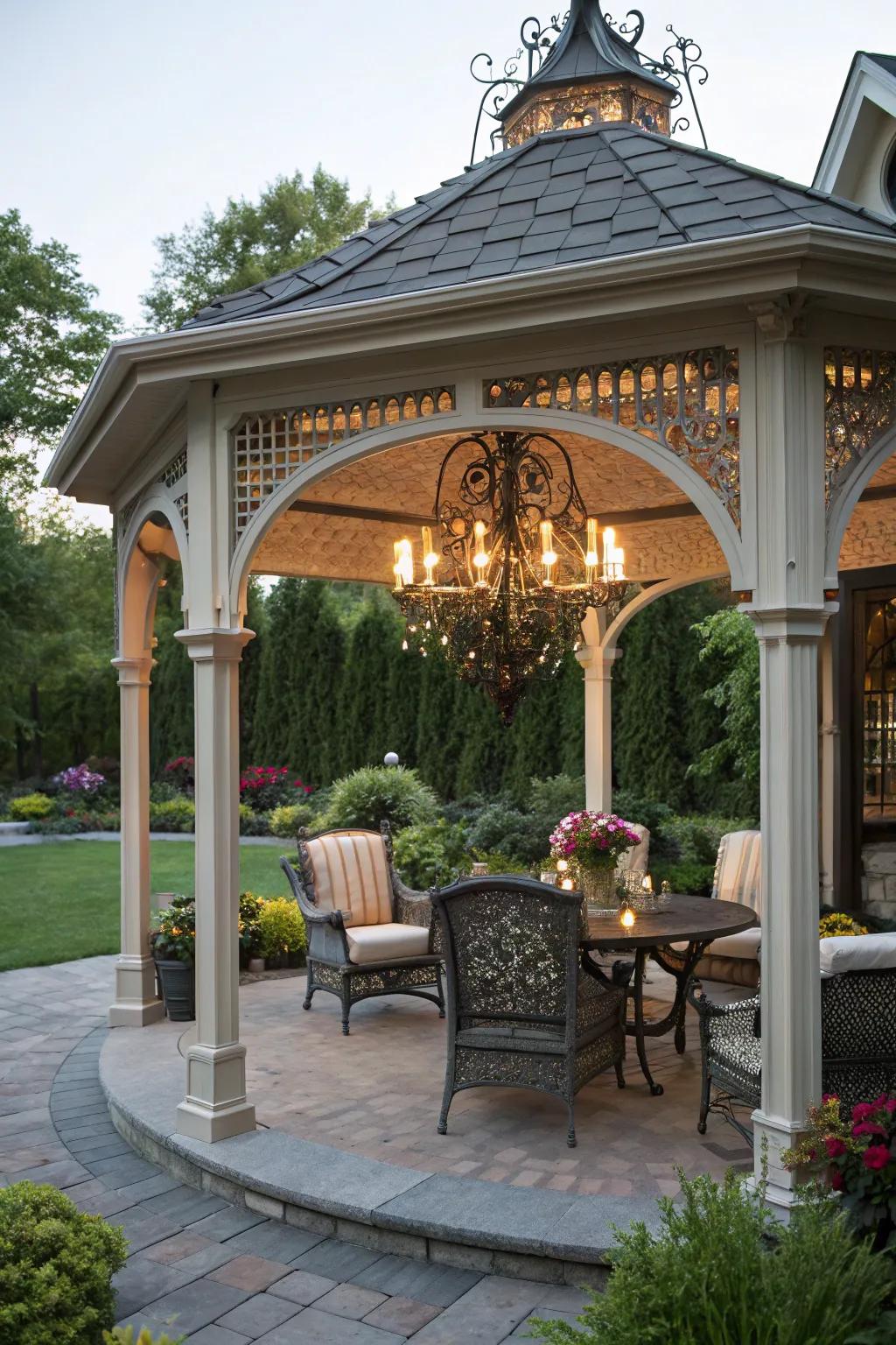 A house-like gazebo with a chandelier offers a luxurious outdoor experience.