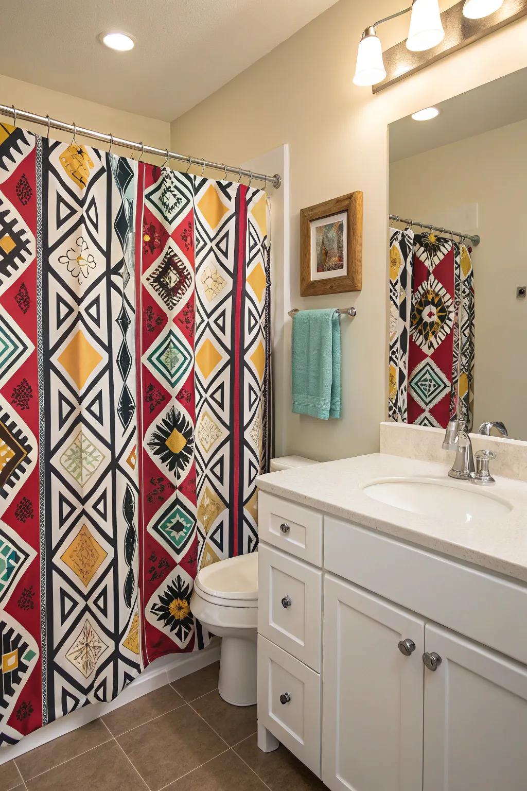 A bathroom showcasing a distinctive and striking patterned shower drape.