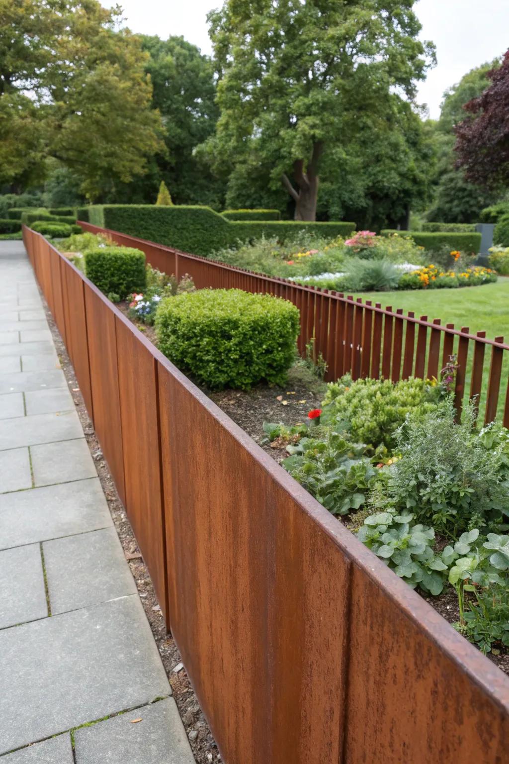 Weathering steel fences develop a striking patina over time.