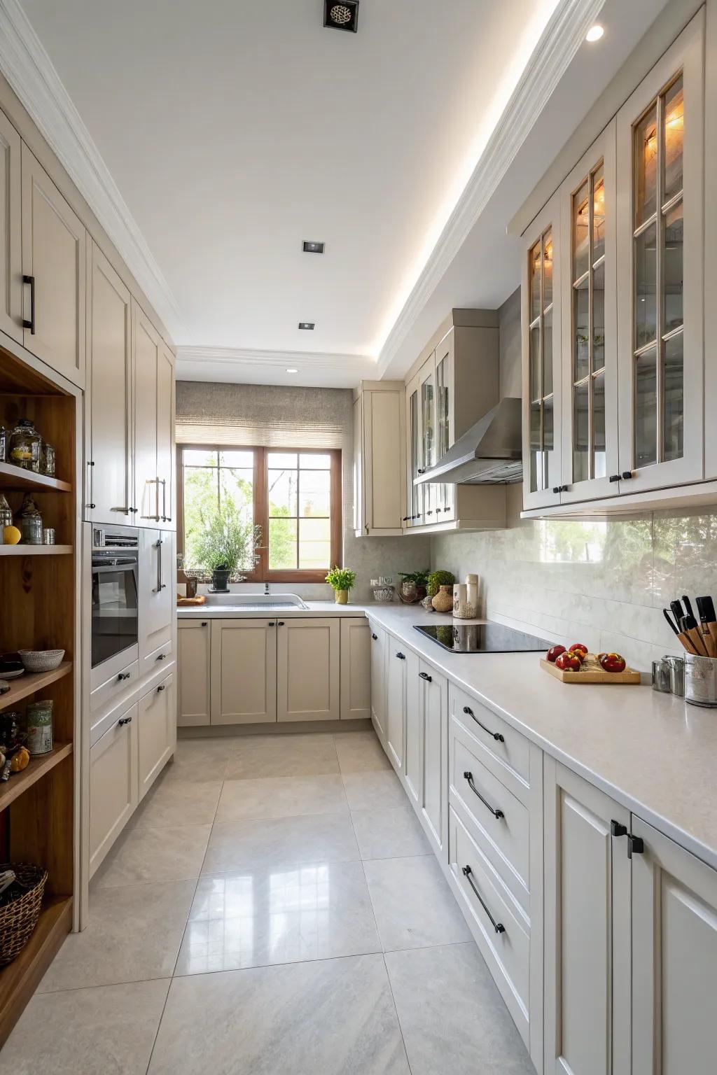 Cabinets reaching the ceiling maximize storage space.