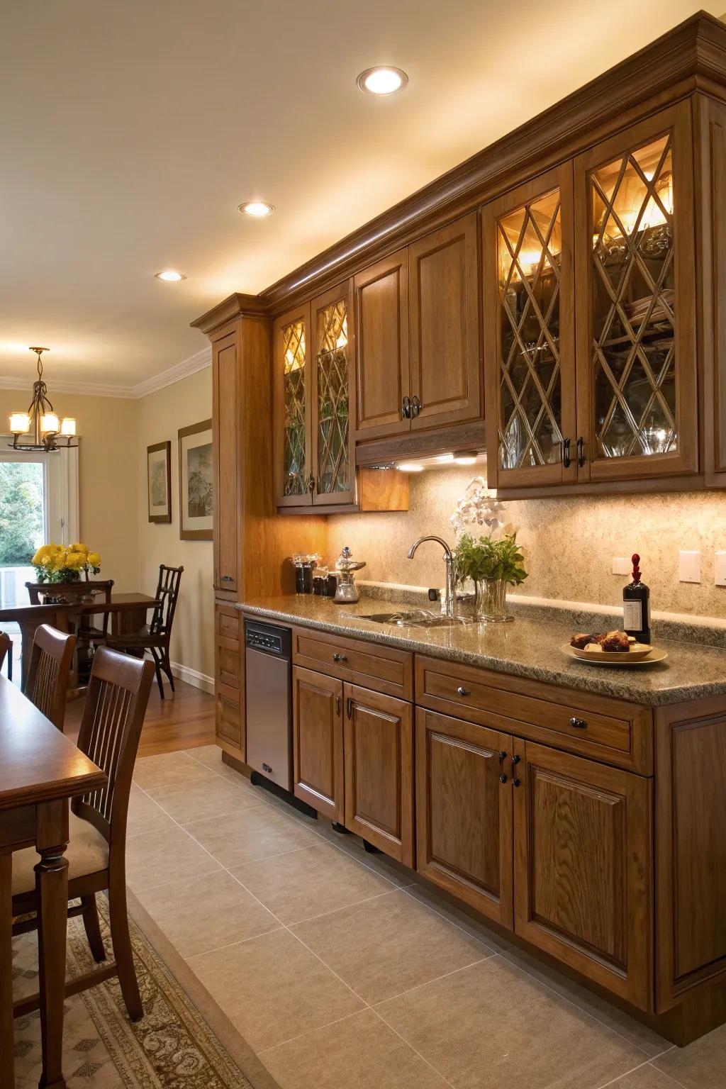 Sub-cabinet lighting highlights the splendor of golden-toned cabinetry and adds warmth.