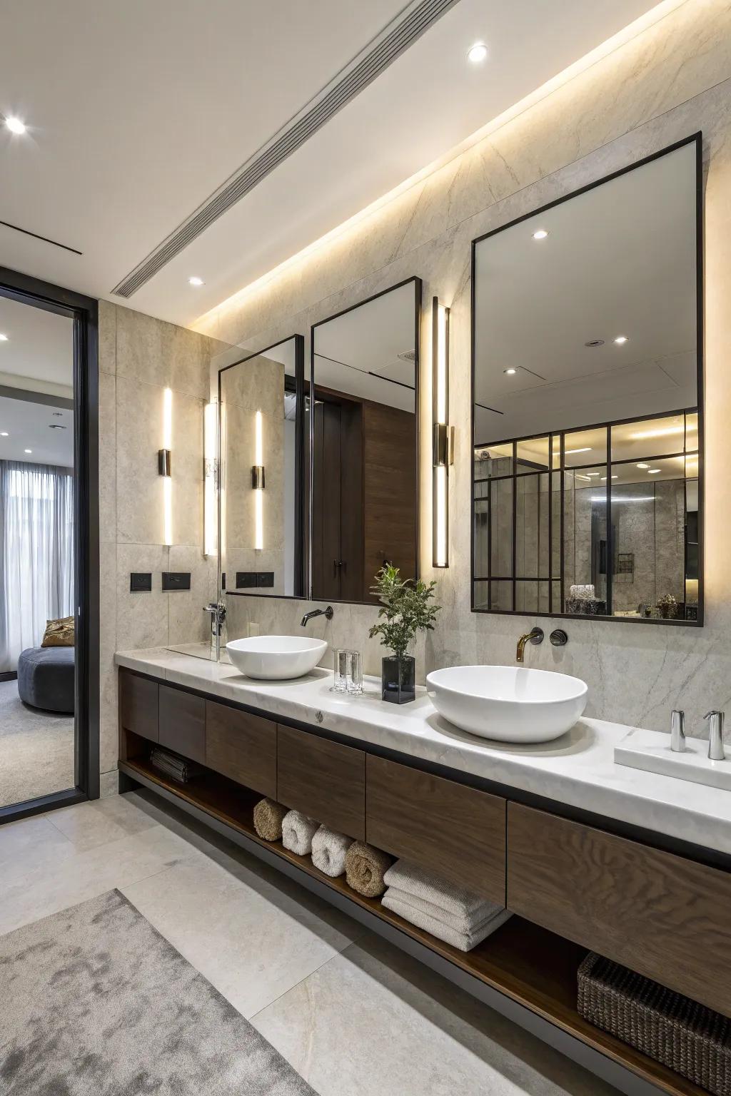 Mirrors without borders enhance the spacious feel of this bathroom.