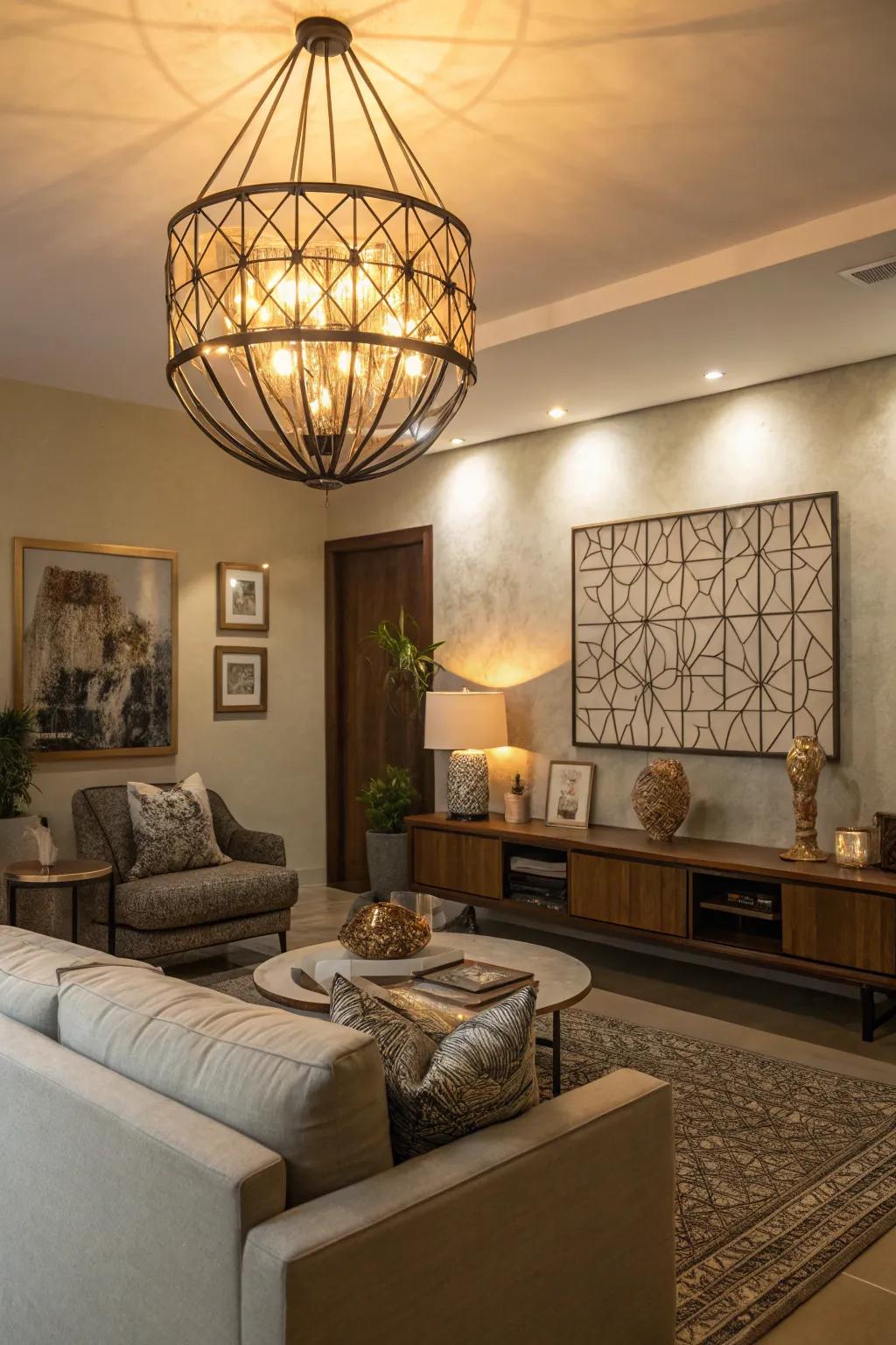A statement light fixture adds both art and illumination to the modern family room.