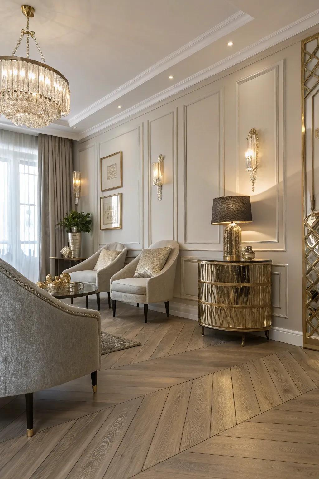 Elegant metallic accents elevate light wood floors.