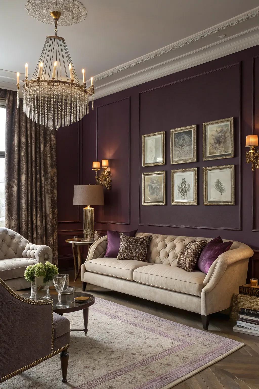 Dark purple walls add a moody elegance to this stylish living area.