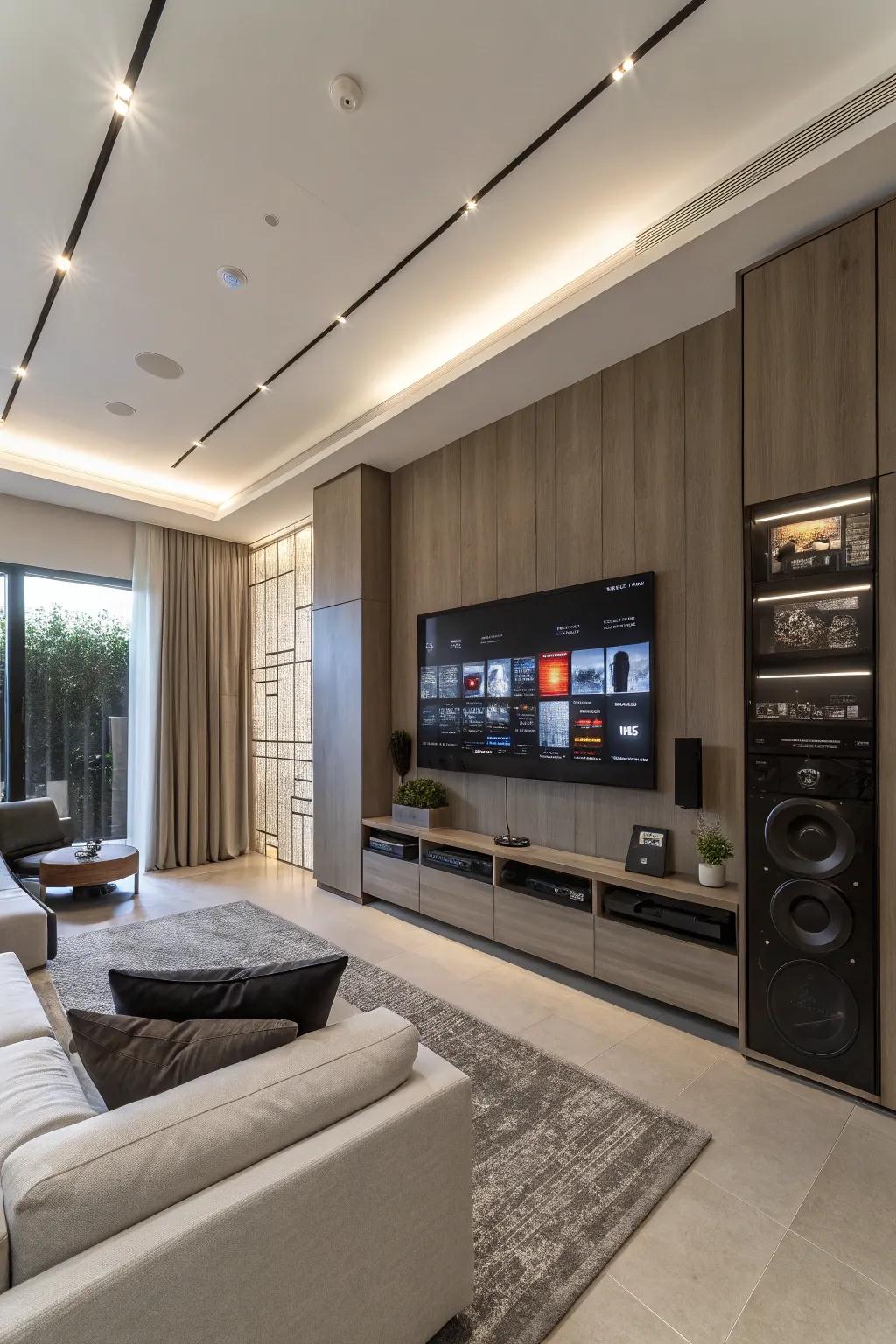 Seamless tech integration retains a media surface functional and tidy.