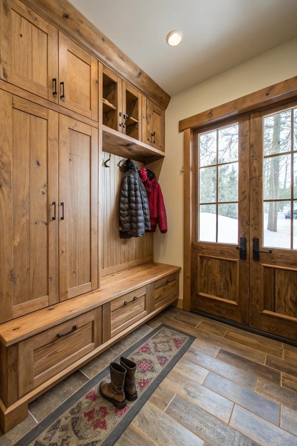 The mudroom's appeal is enhanced by environmentally friendly materials.