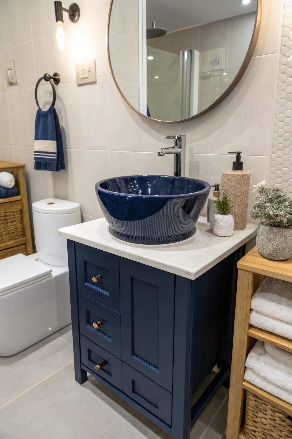 Distinct sink designs add character to deep sea blue bathrooms.