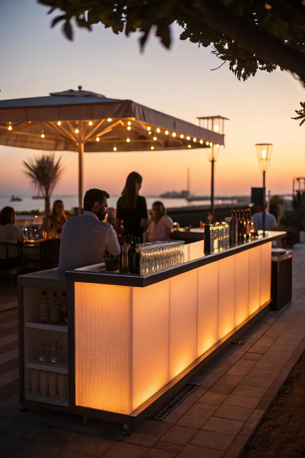 An illuminated counter adds a striking visual element to this bar.