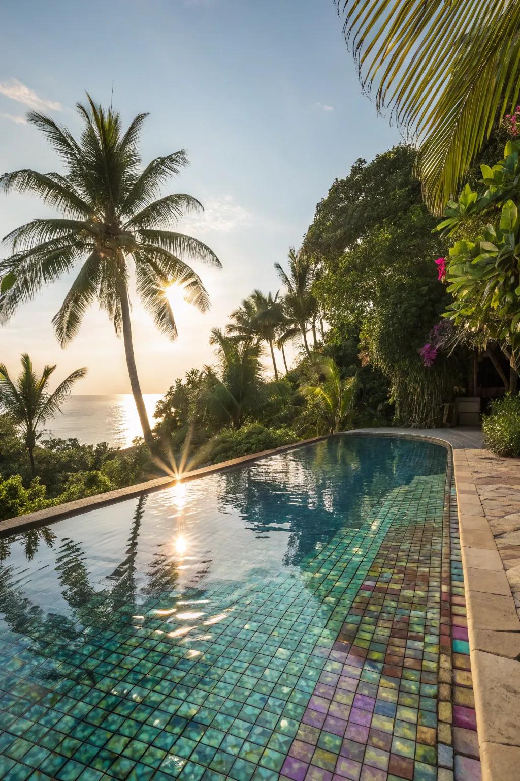 Iridescent tiling fashion a shimmering, captivating pool effect.