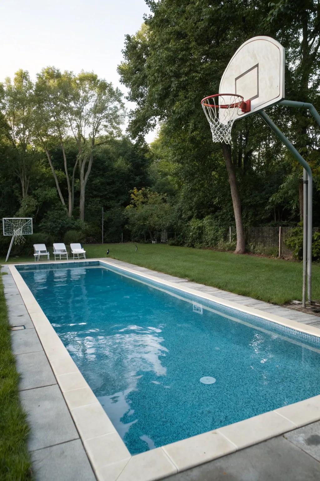 Inject amusement into your pool using a basketball ring.