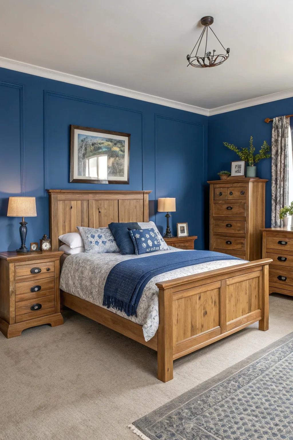 Wooden elements introduce warmth and coziness to the sapphire blue themed space.