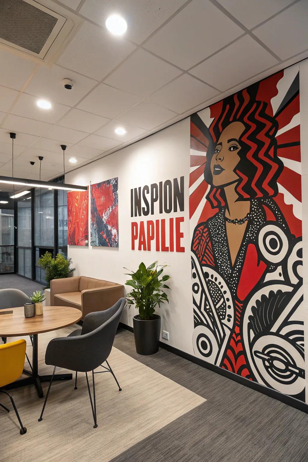 Statement wall art enhances a rustic office with personality and inspiration.