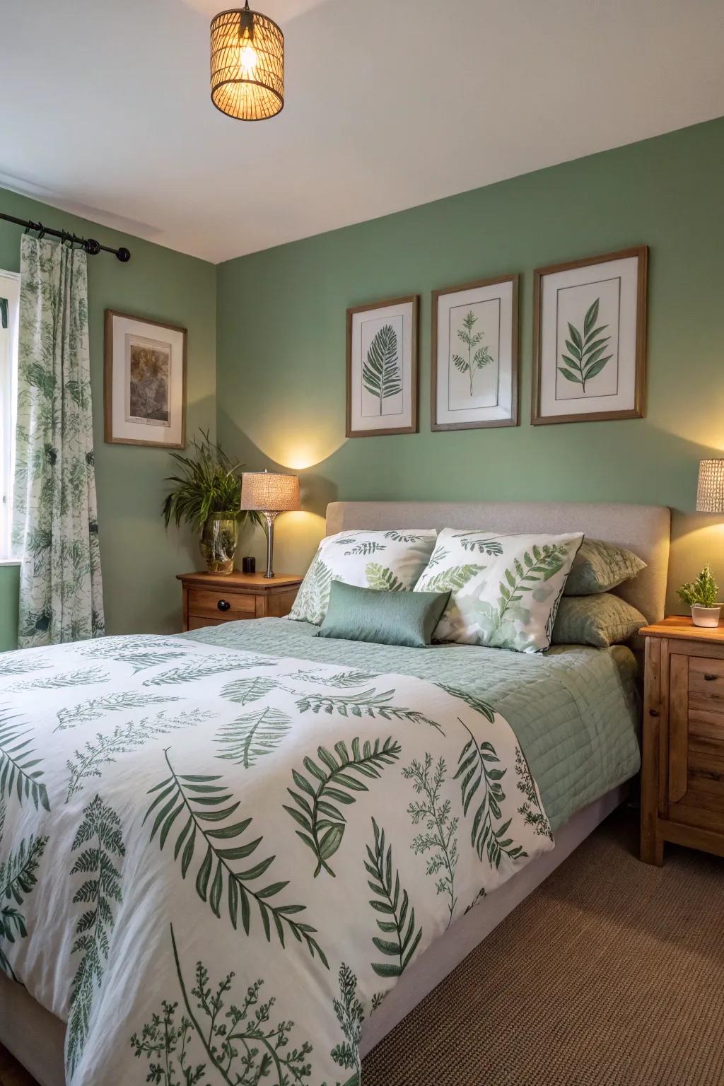 Floral prints and sage green together create a refreshing, lively atmosphere.