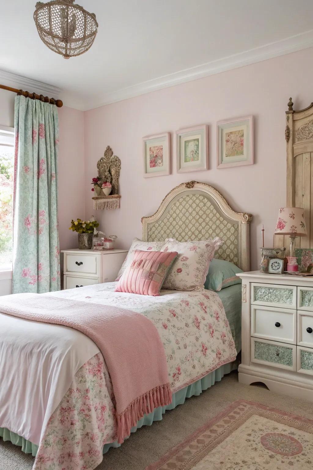 An old bedhead serves as a stunning focal point in this modern-vintage bedroom.