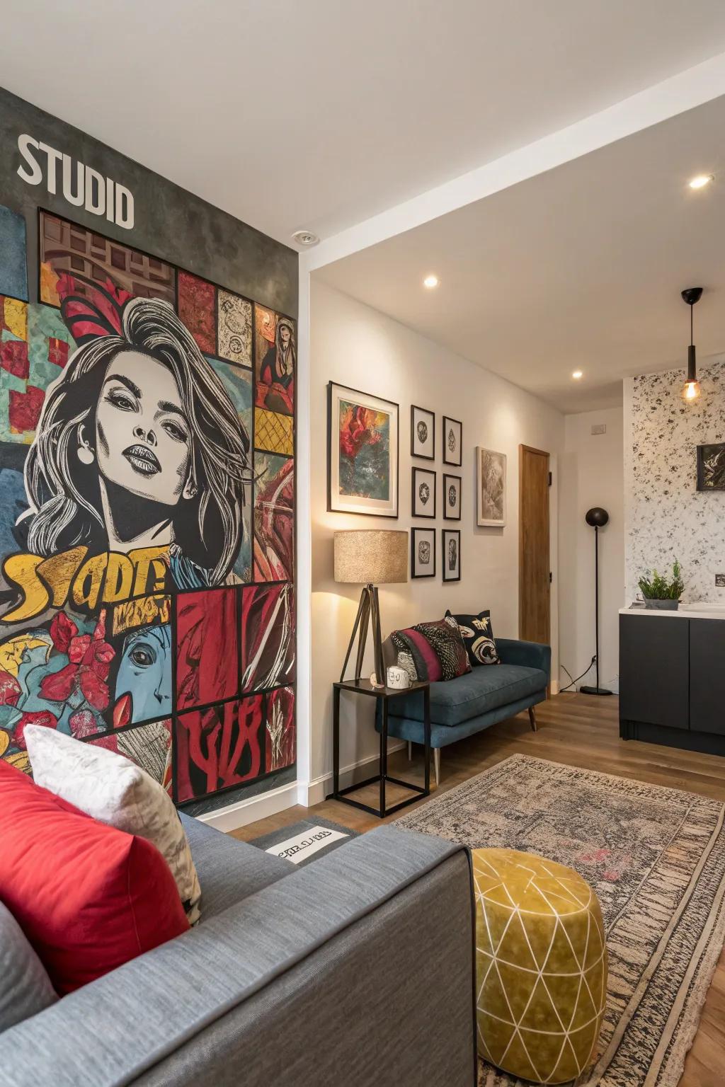 A studio with a bold artistic wall that serves as a captivating focal point.