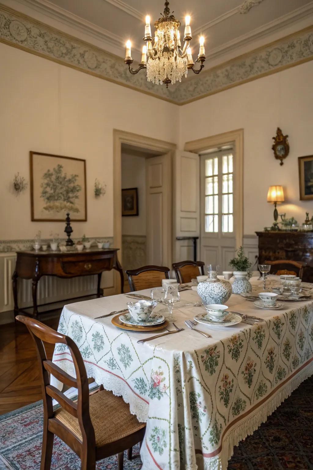 Table coverings with a vintage feel add warmth and nostalgia.