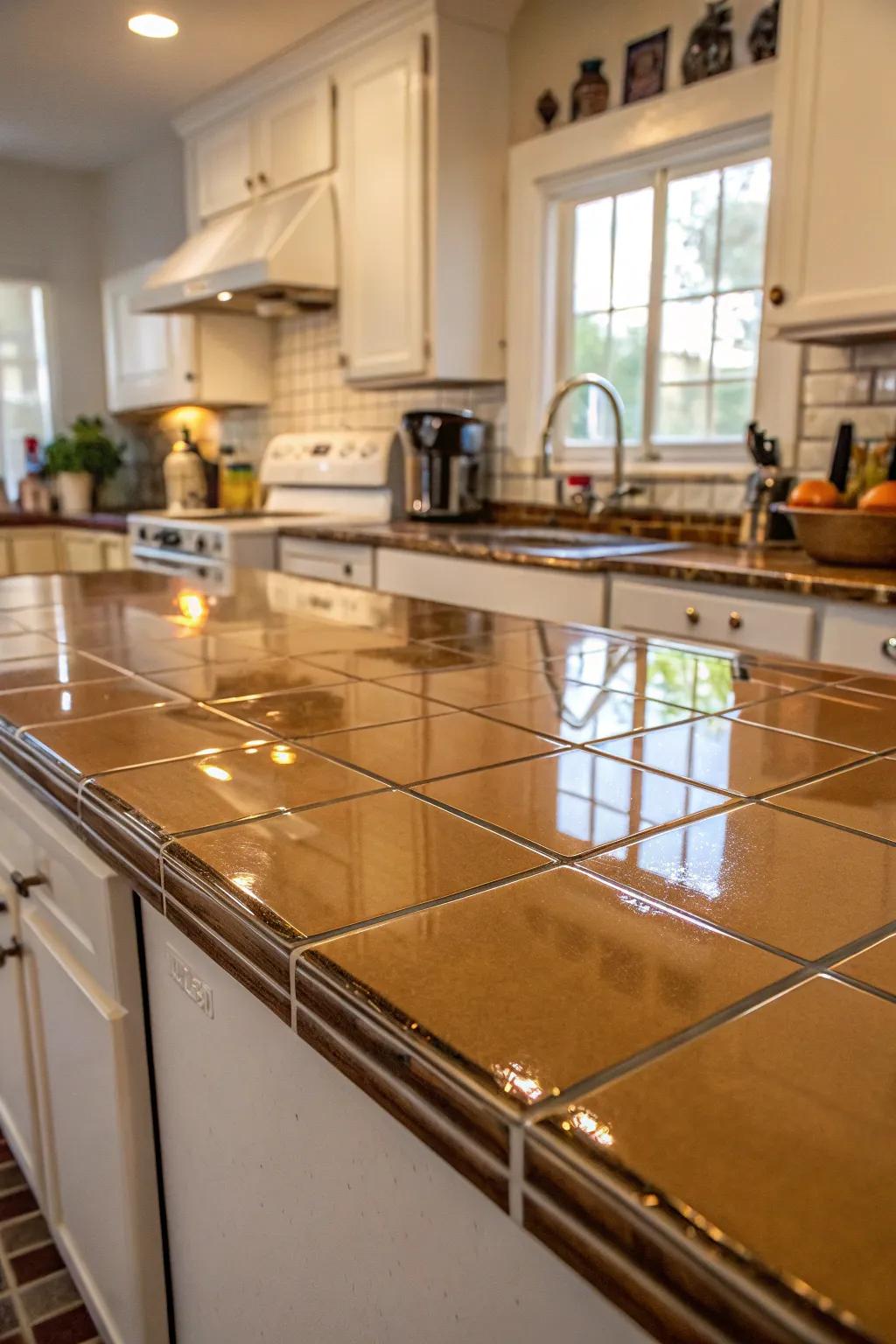 Enamelled tiles infuse a radiant, light-reflecting nuance to this kitchen.