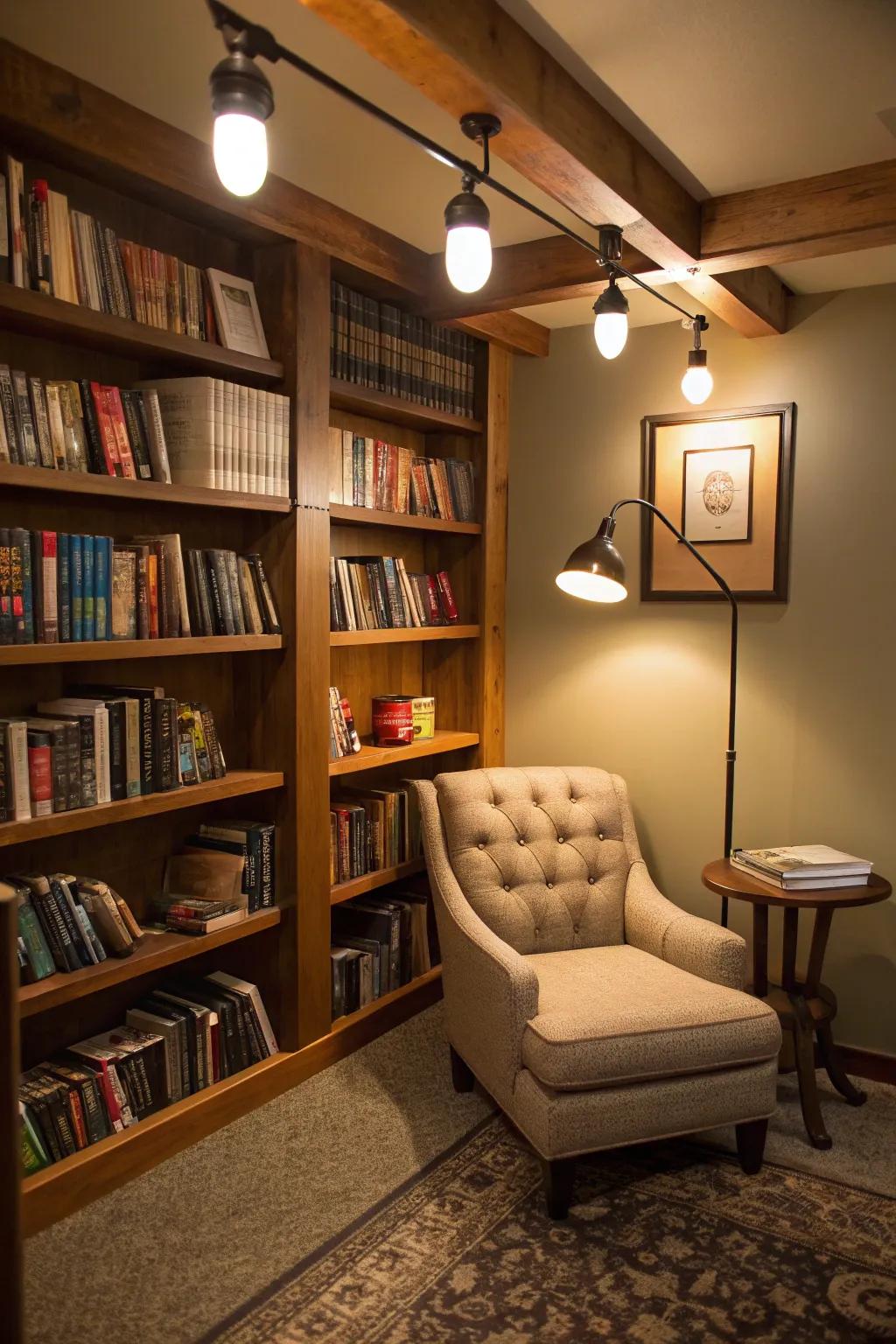 Cozy reading nook with versatile track lighting using varied bulbs.