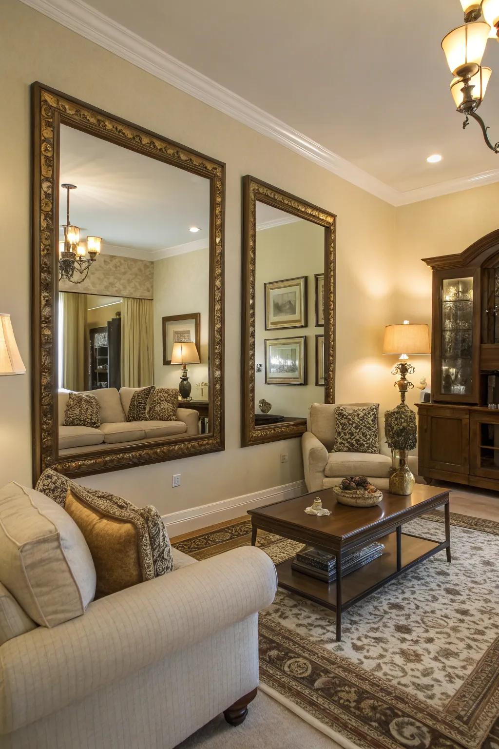 Looking glasses enhance illumination and space in a tropical setting.