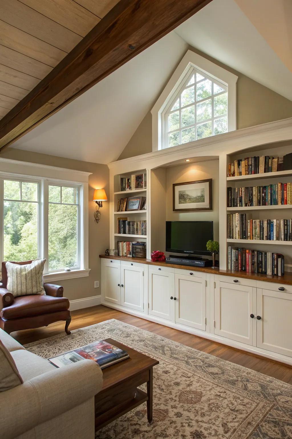 Clever storage solutions preserve the open vibe of this living room with a vaulted ceiling.