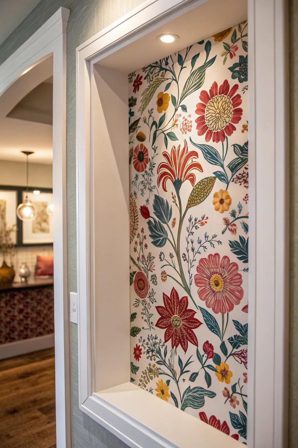 A wall niche featuring vibrant floral wall coverings for a splash of personality.