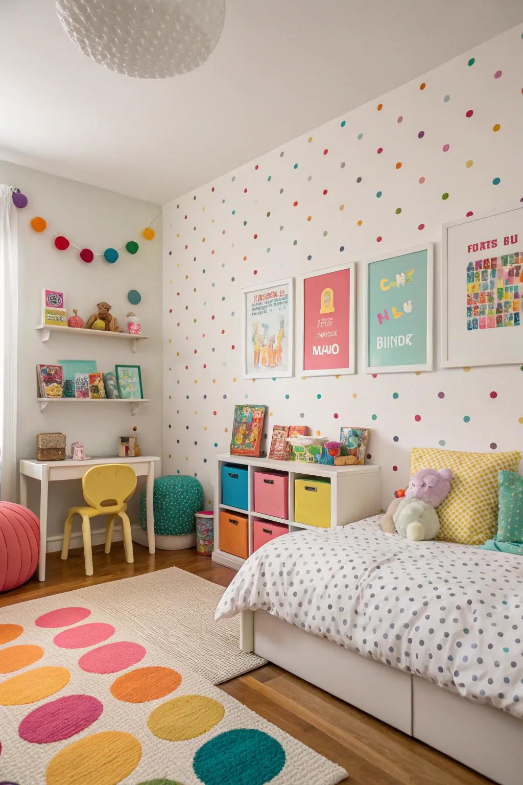 Fun dot wall covering adds fun to a child's room.