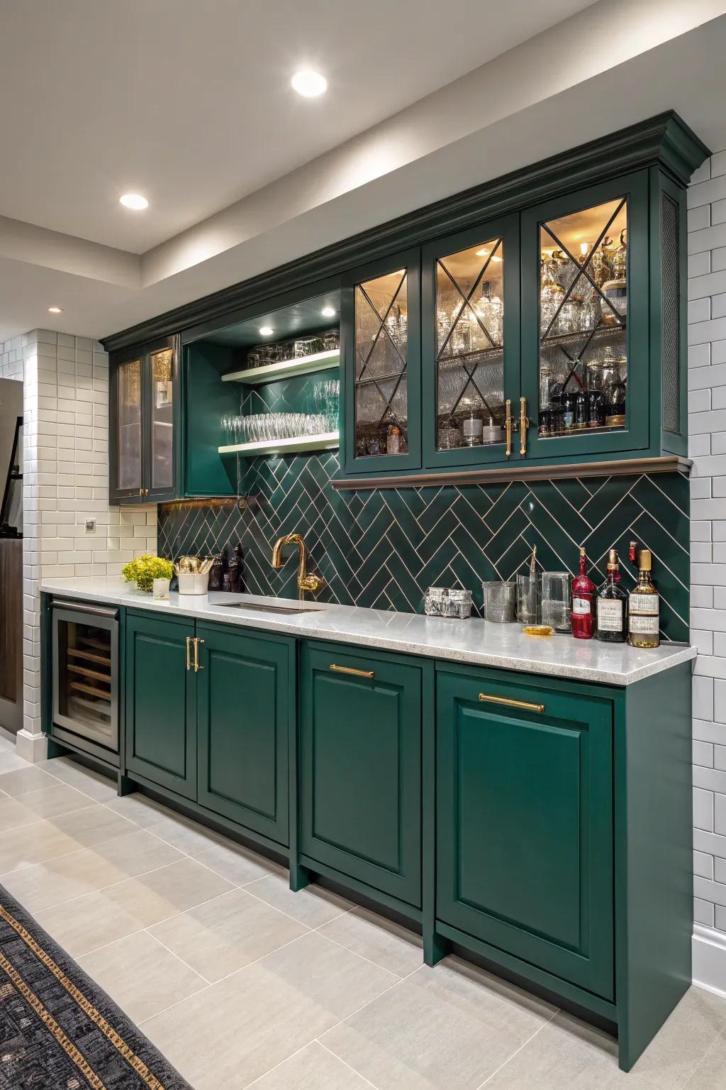 Audacious hutch colors create a declaration within your wet bar.