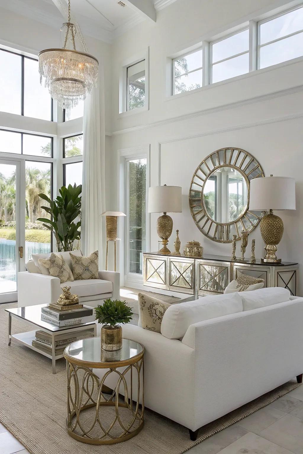 Metallic highlights inject an opulent touch into a modern white living space.