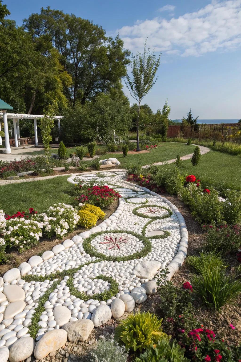 A garden displaying artistic designs formed with white stones, changing the scenery into art.