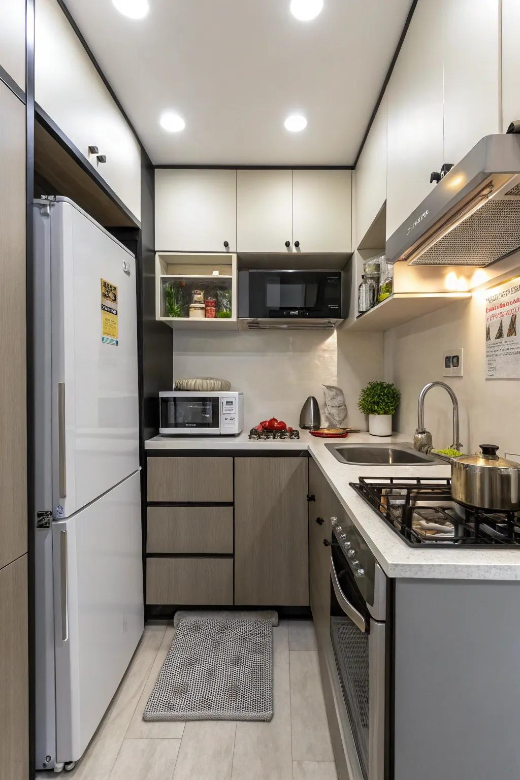 Optimize space using small-scale appliances in small kitchens.