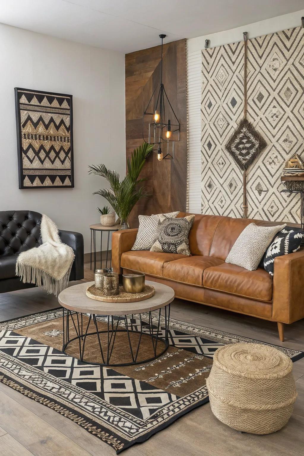 Textures and motifs adding layers to a dimly lit living space.