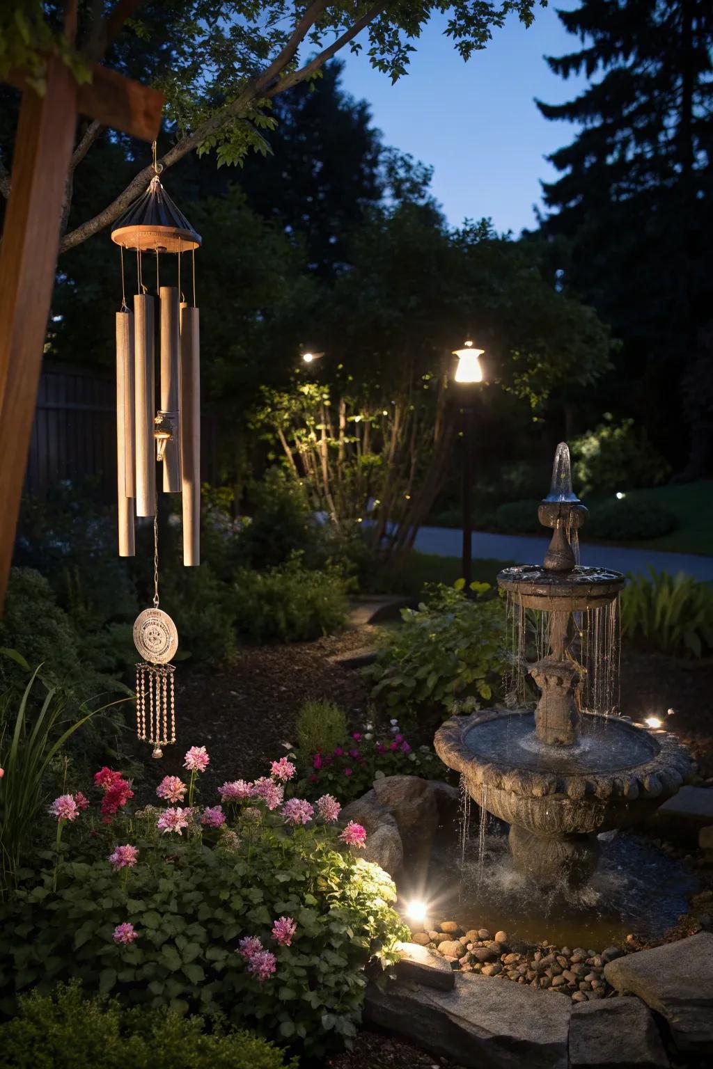 Wind chimes and fountains contribute soothing sounds to the garden.