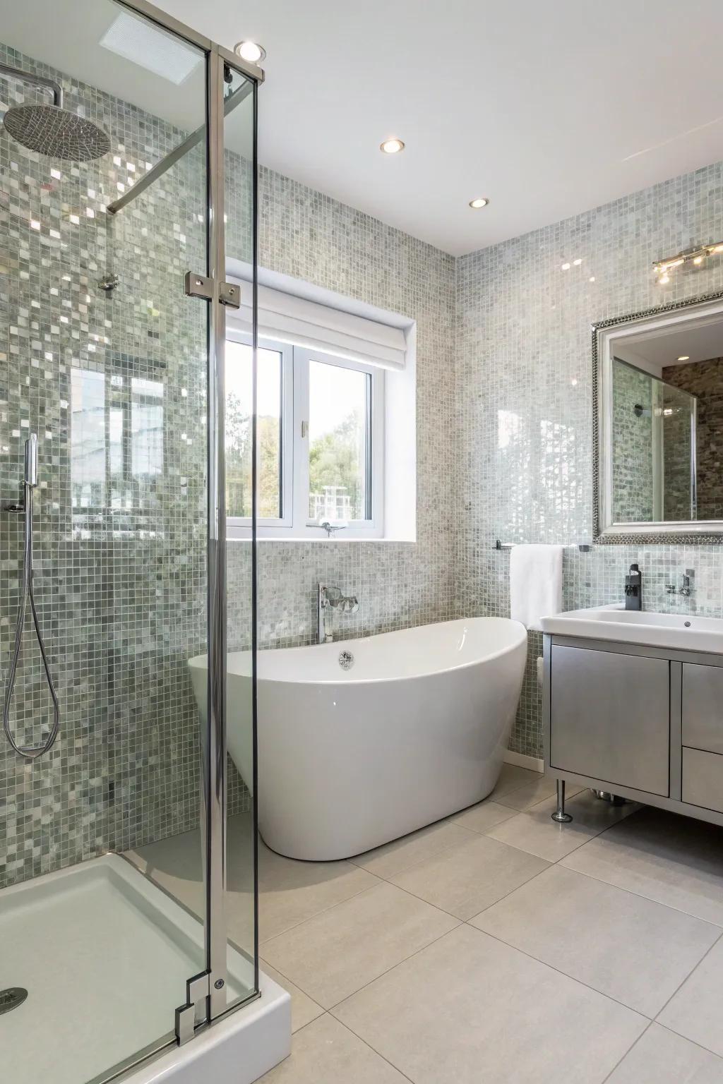 A polished bathroom featuring reflective crystal mosaic tiles.