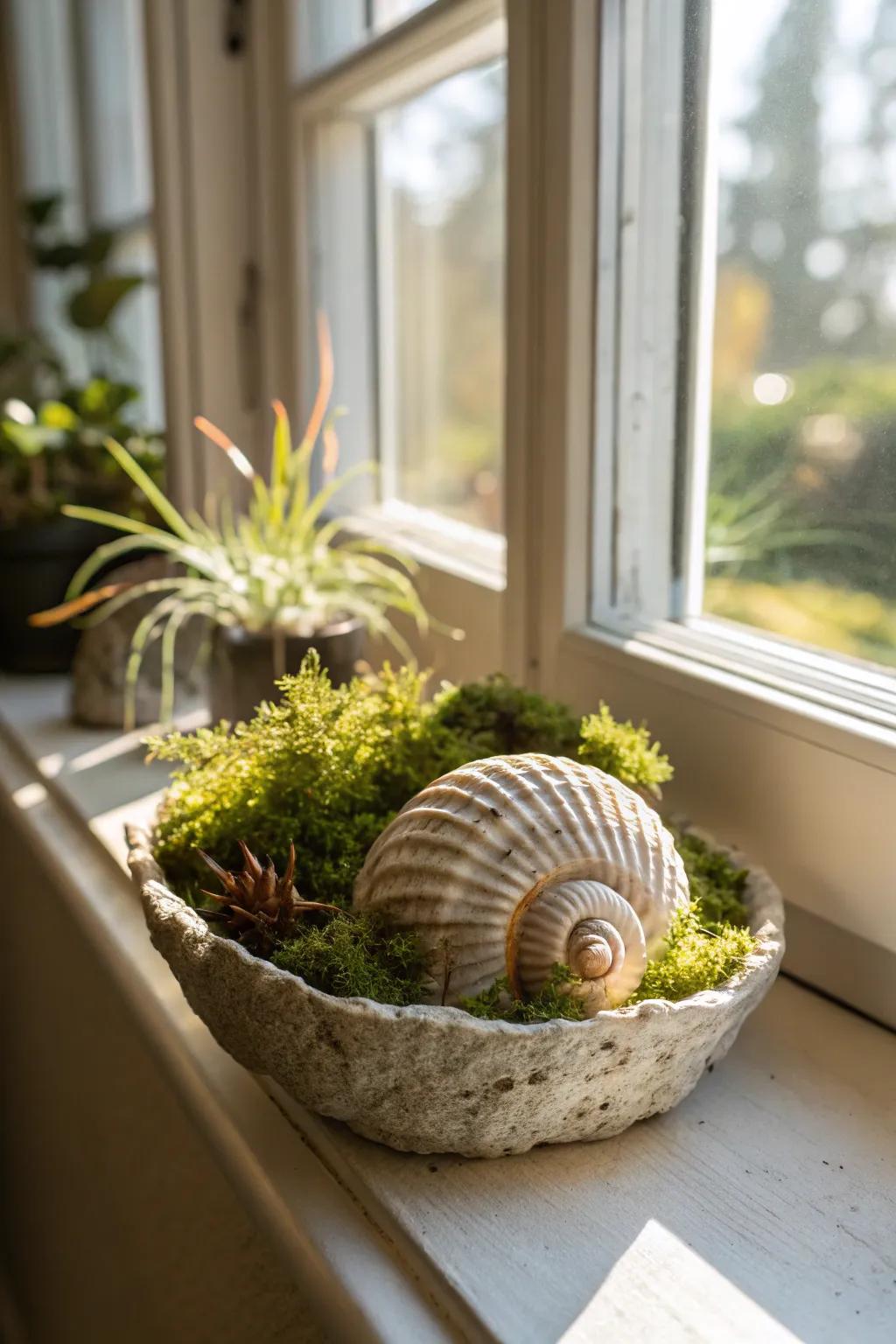 A planter inspired by the coast, featuring moss and shells.