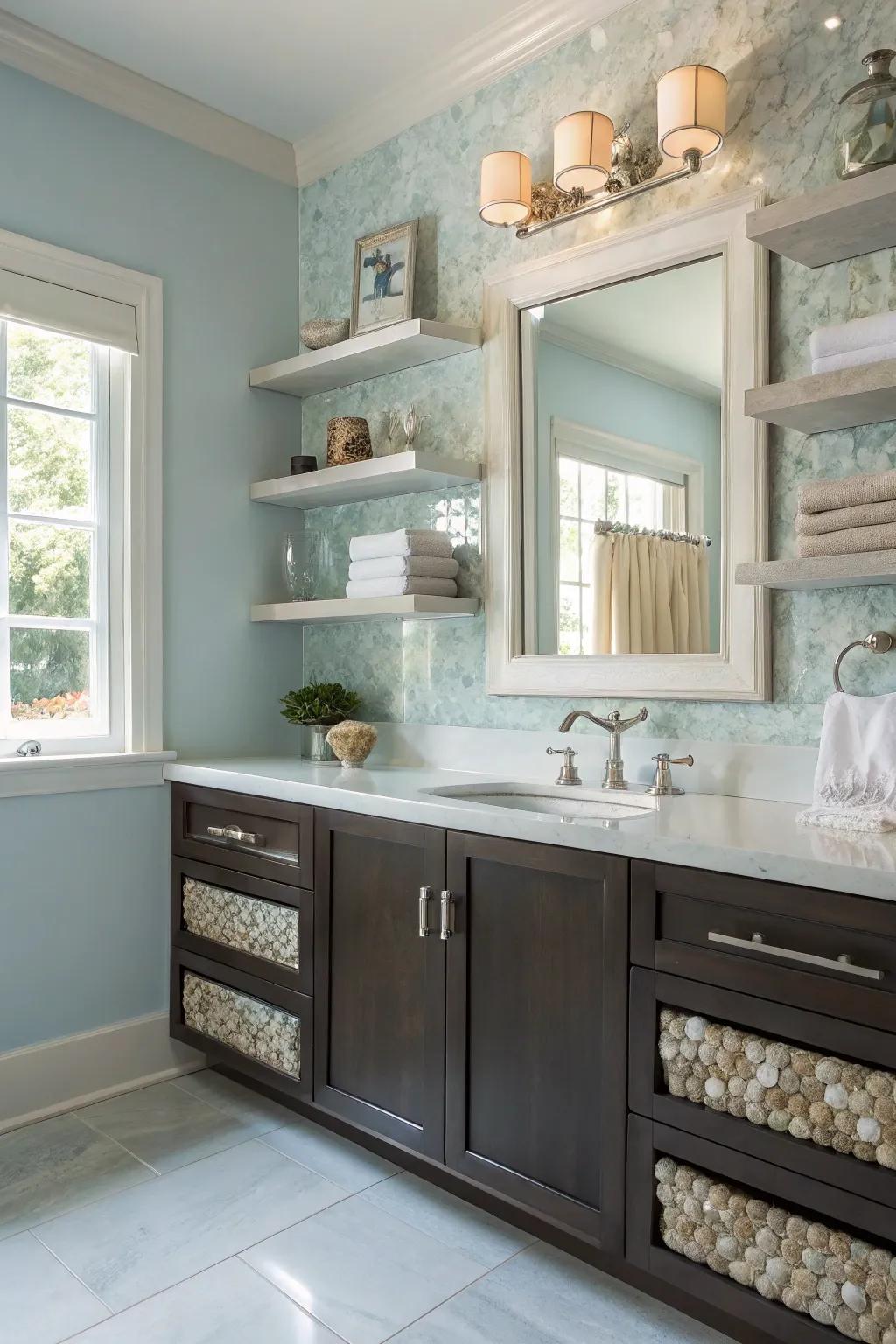 Floating shelves with nacre accents blend functionality with style.