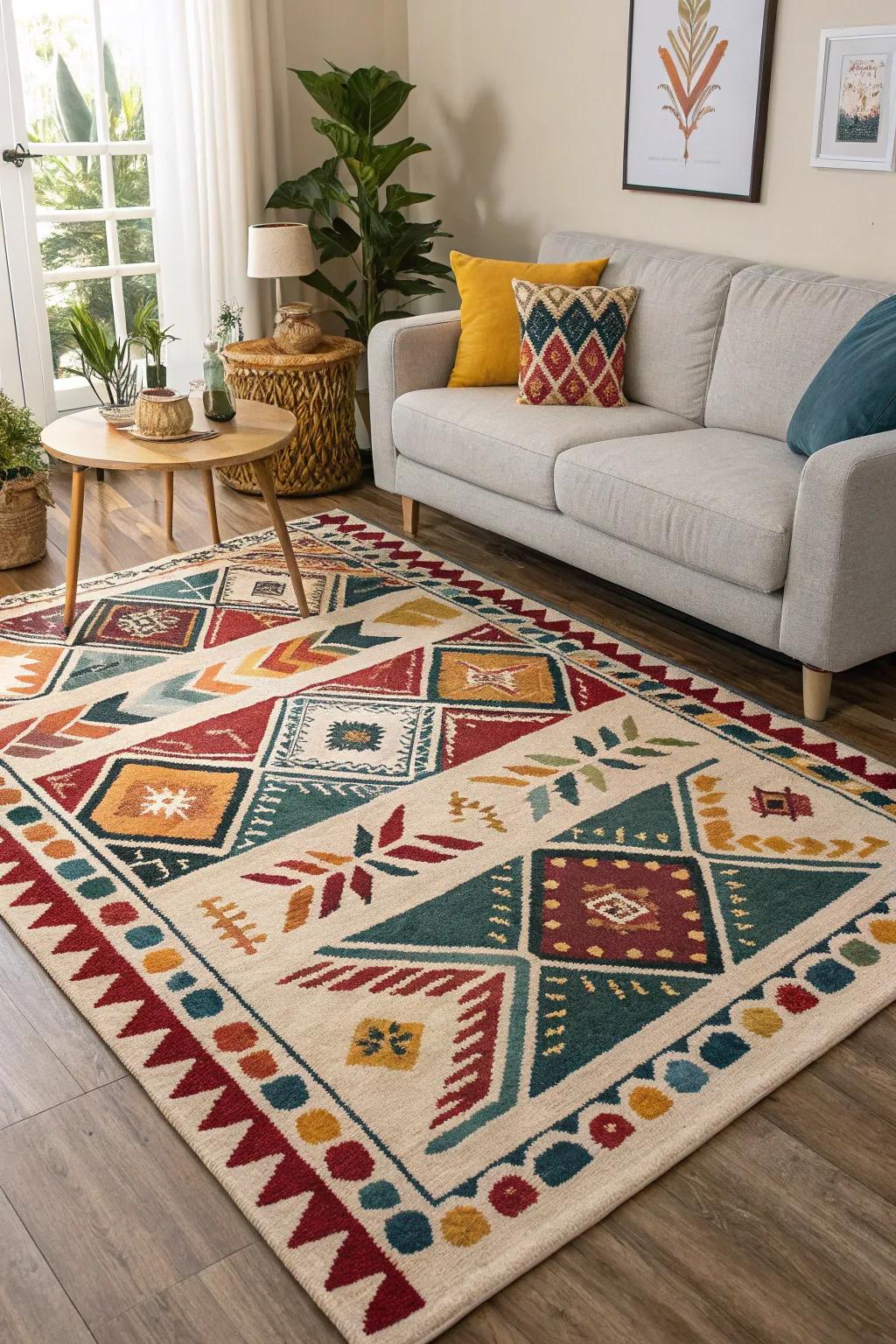 A striking rug injects aesthetic intrigue and secures the setting.