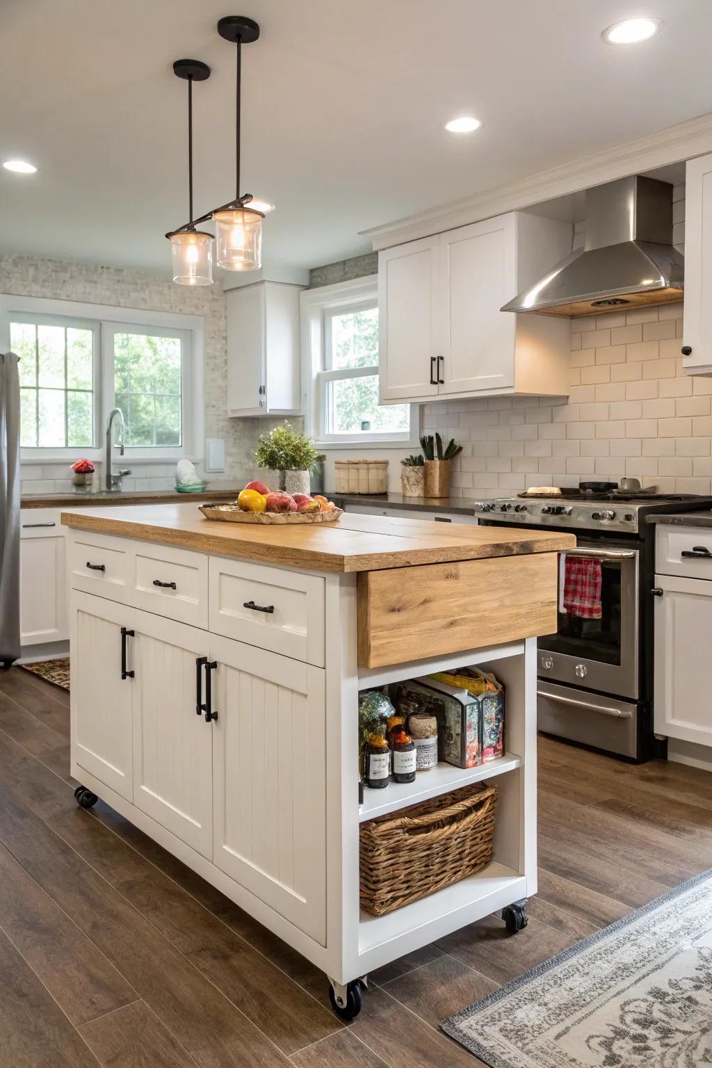 A drop-leaf island for a kitchen that can adapt