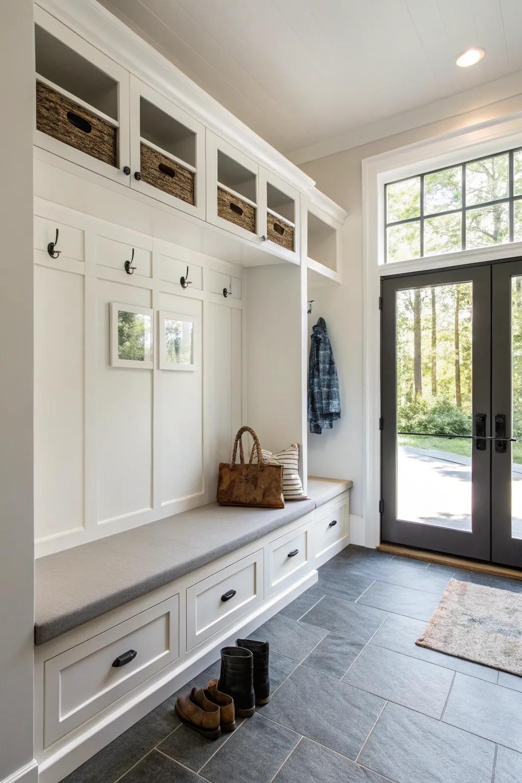 A contemporary mudroom featuring a sleek levitating bench.
