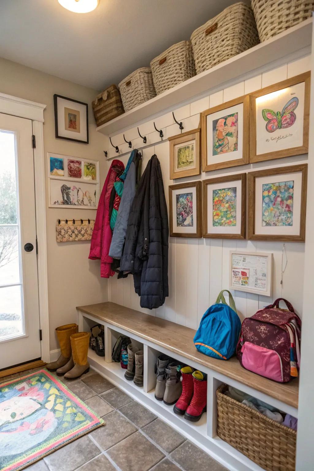 A mudroom featuring kids' art adorning the walls.
