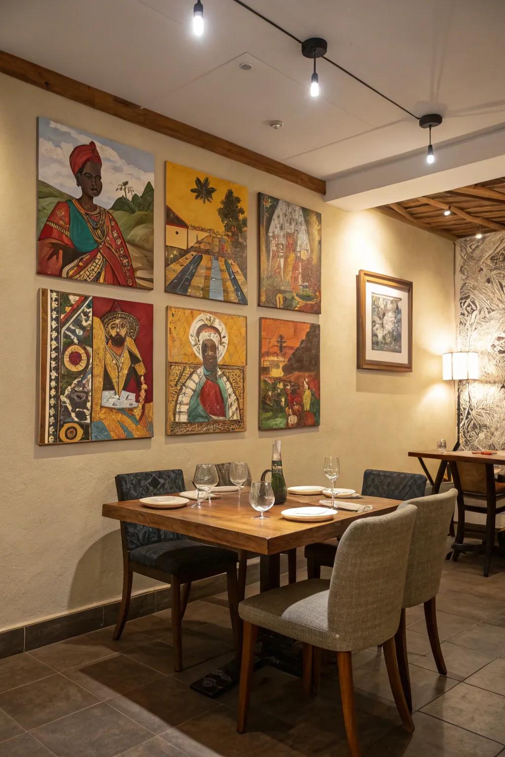 In this dining room, conversation flows between guests admiring this cultural collage, spread across multiple canvases.