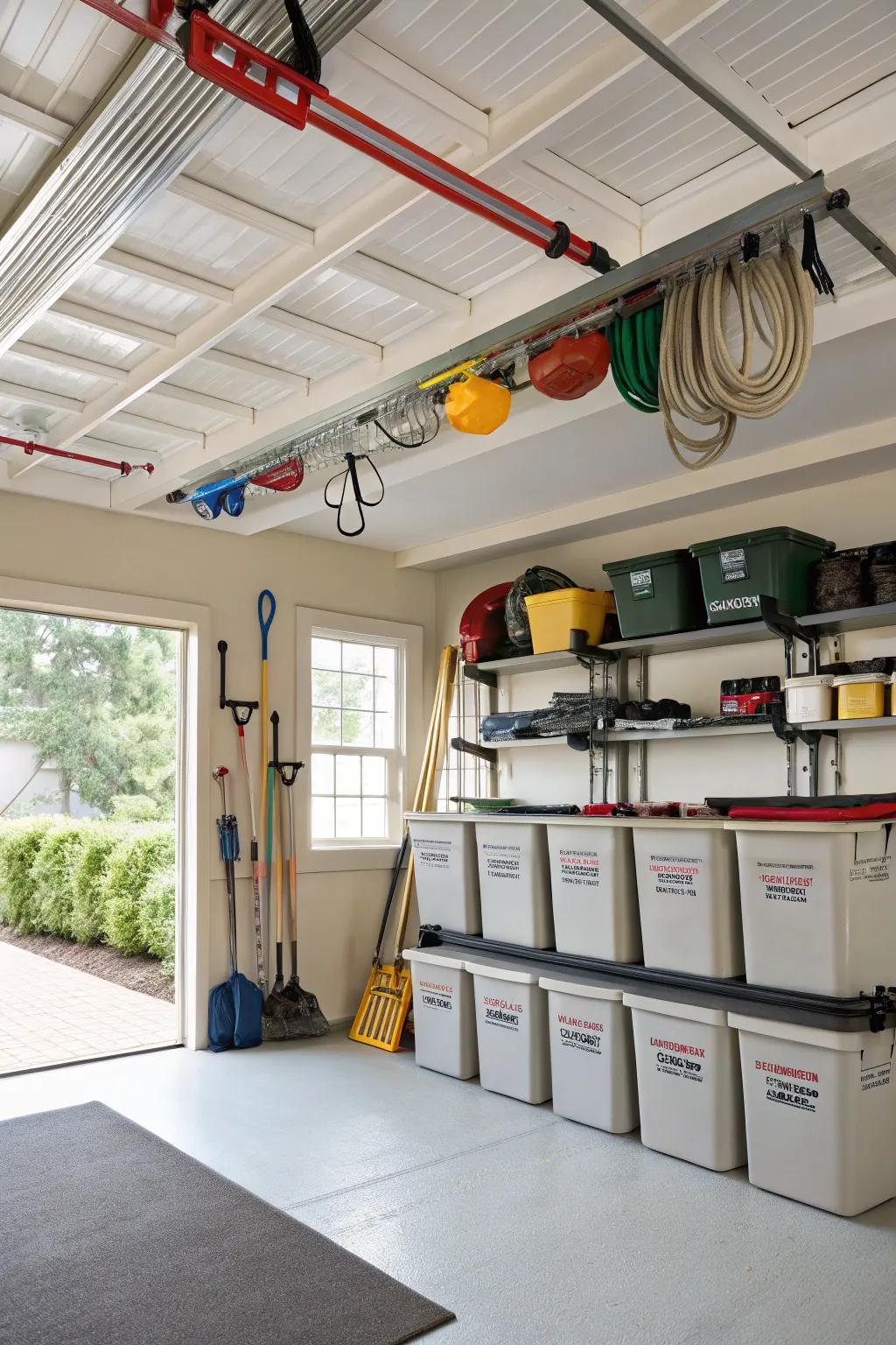 A garage showcasing well-managed seasonal storage solutions.