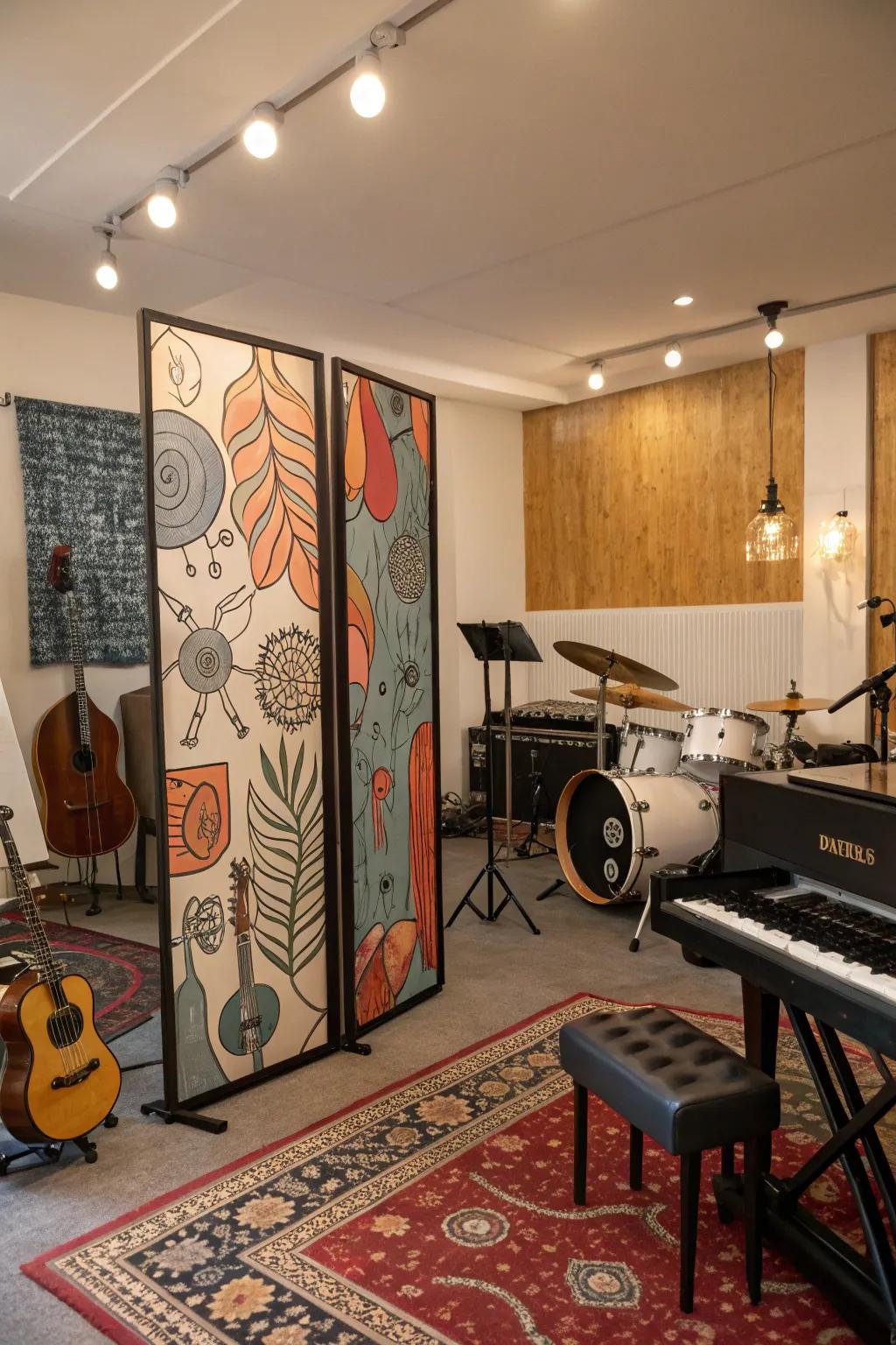 Room dividers help organize your music room into distinct, functional zones.