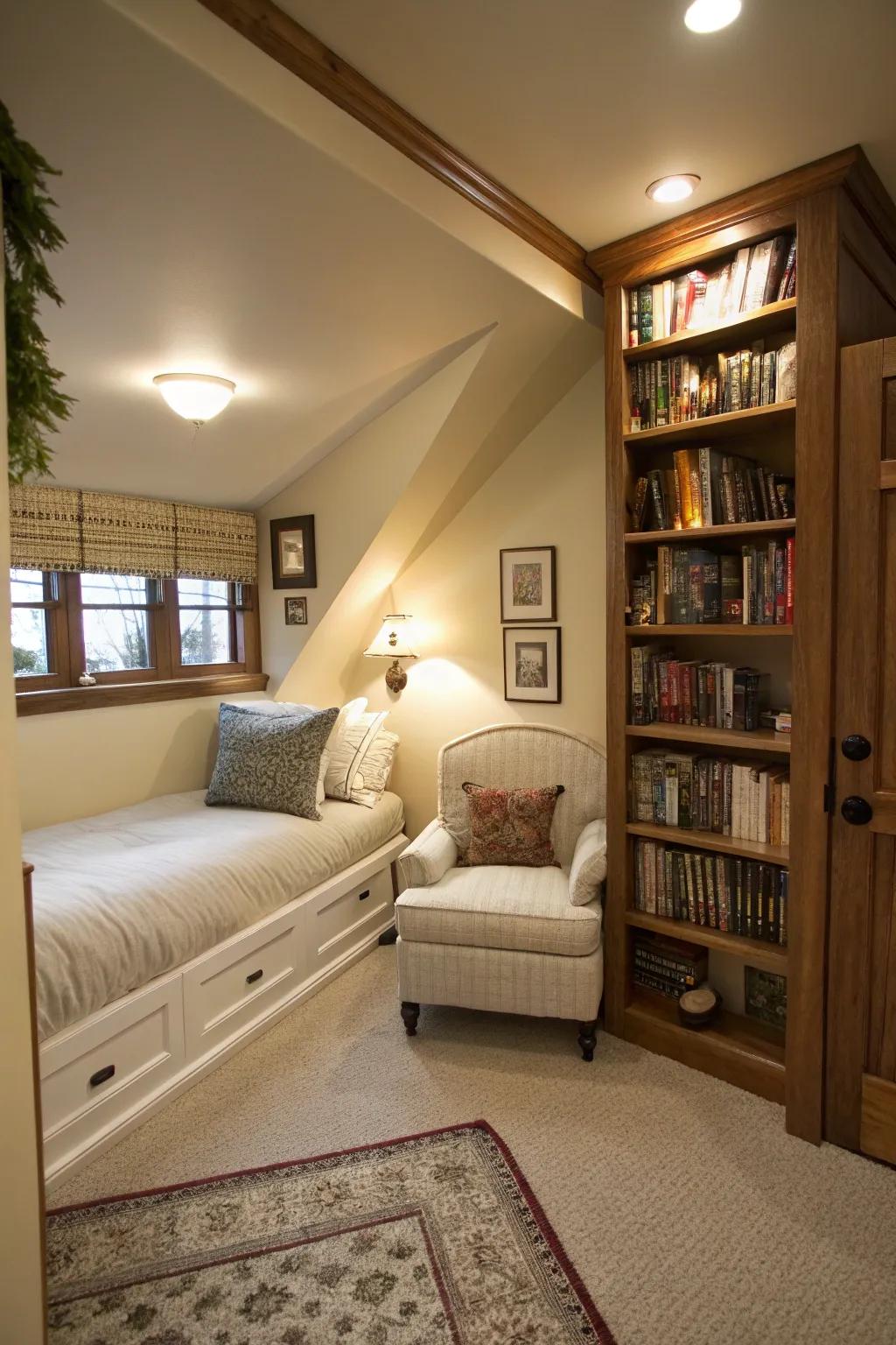 A snug nook infuses allure and functionality into a slender bedroom.