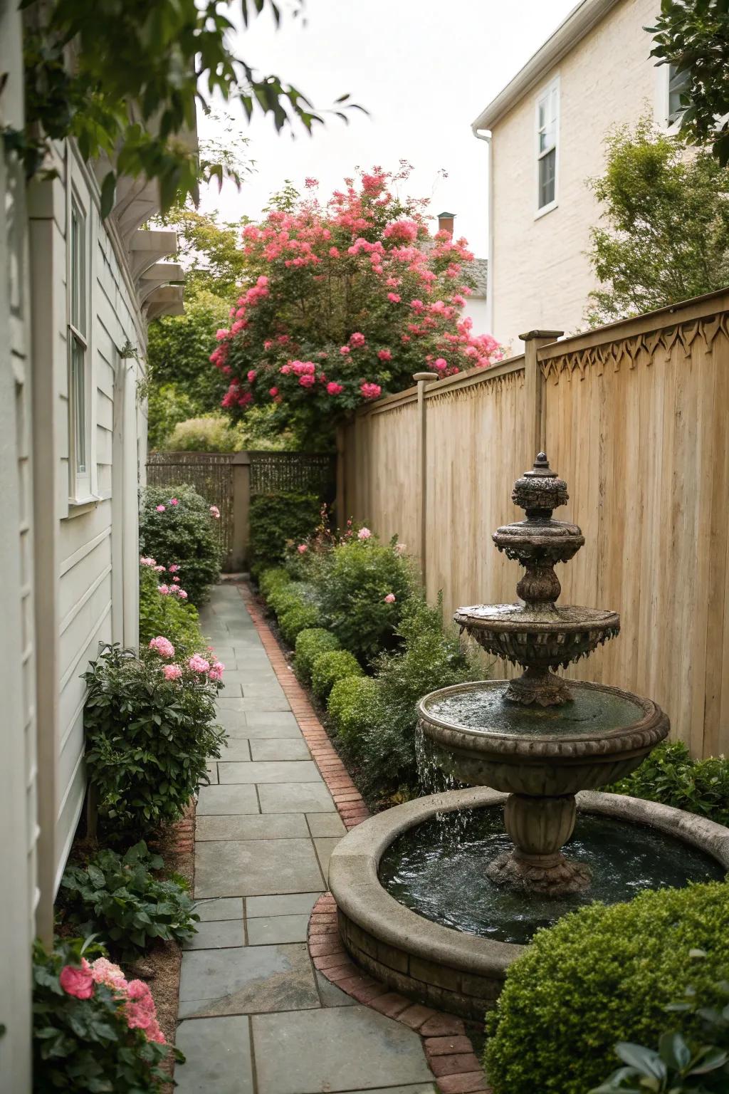 A petite liquid element enhances the vibe of a narrow garden.