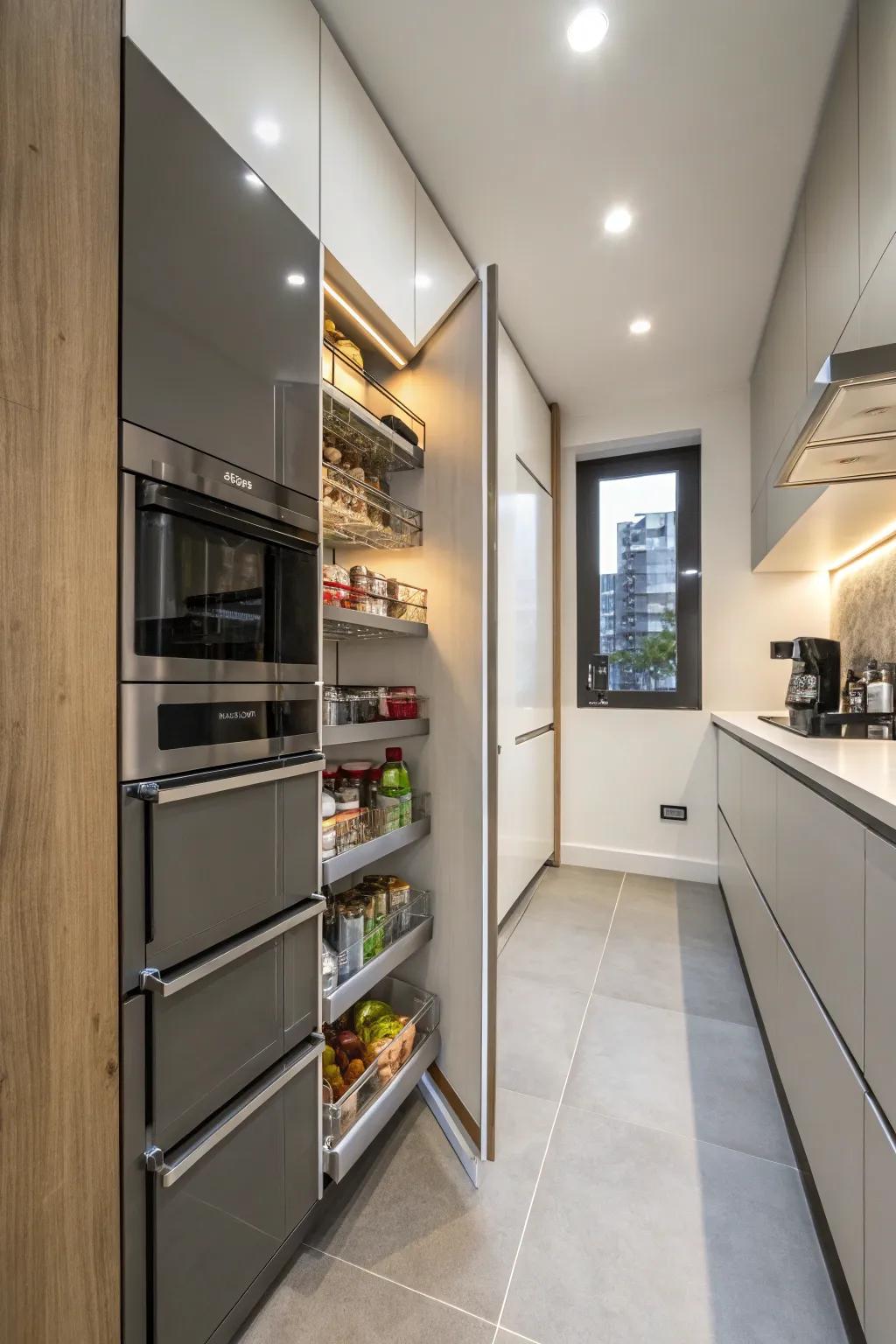 Concealed storage sustains a pristine and structured kitchen.