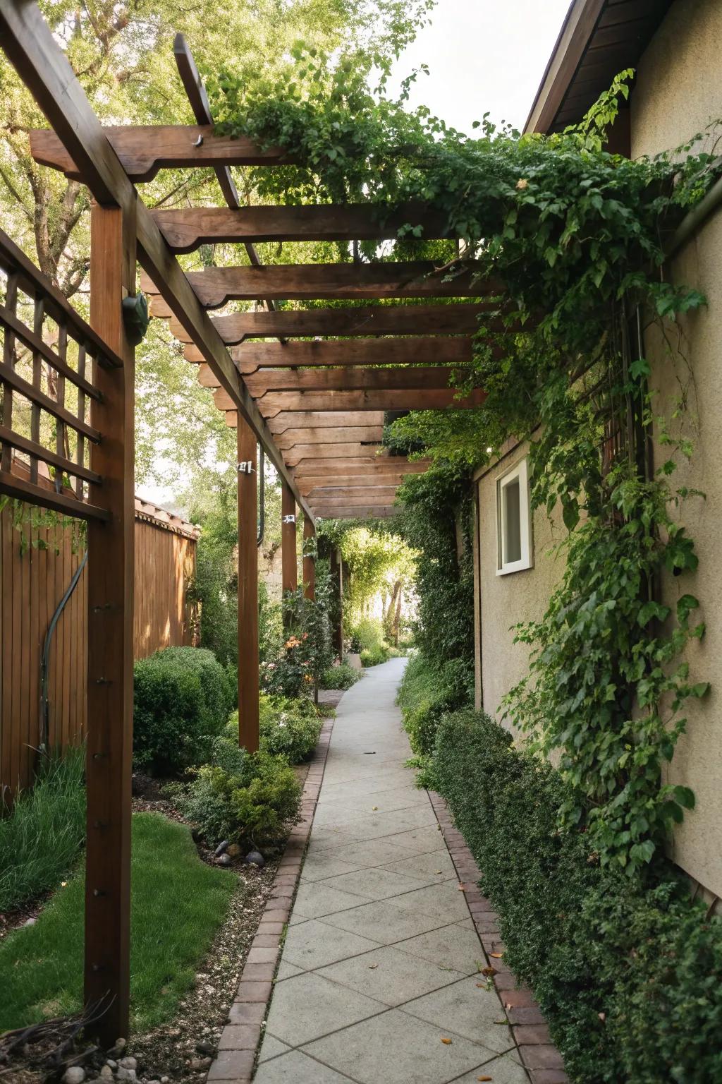 Overhead frameworks append dimension and shade to slender areas.