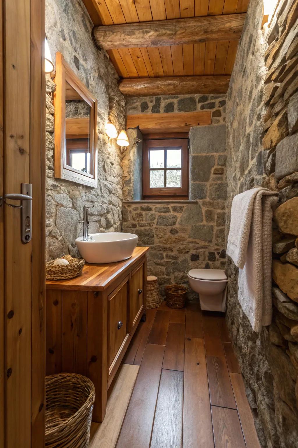 Mixing materials and textures brings warmth to small bathroom designs.